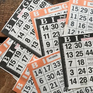 Bingo de Halloween: juego de 20 hojas de bingo de color naranja y negro: papel efímero para diario basura, efímera para diario, suministros para planificadores, suministros para manualidades