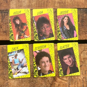 May include: Six vintage trading cards featuring cast members from a 1990s television show. Each card has a yellow border with a black zig-zag pattern. The cards display headshots of the characters with their names printed above.