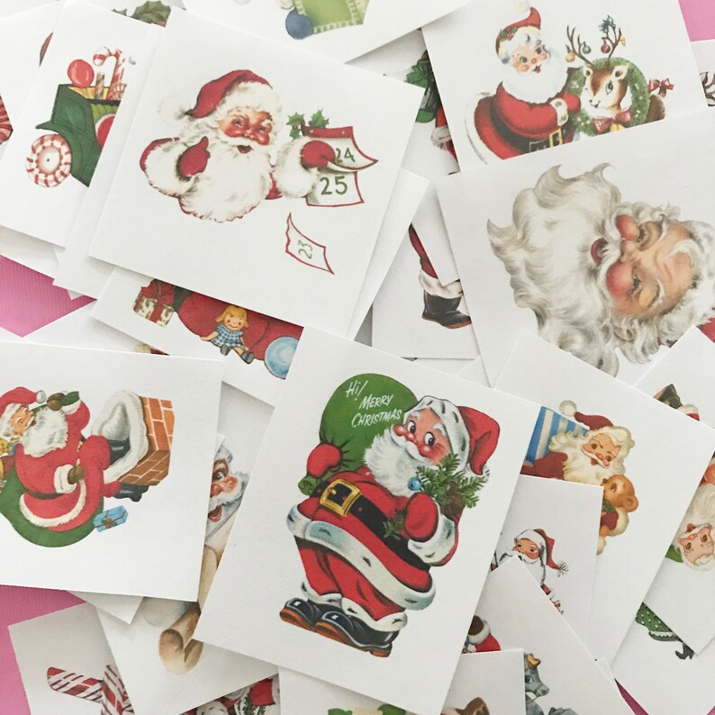 May include: A collection of vintage Christmas themed temporary tattoos featuring Santa Claus in various poses. The tattoos are printed on white paper and are ready to be applied to skin.