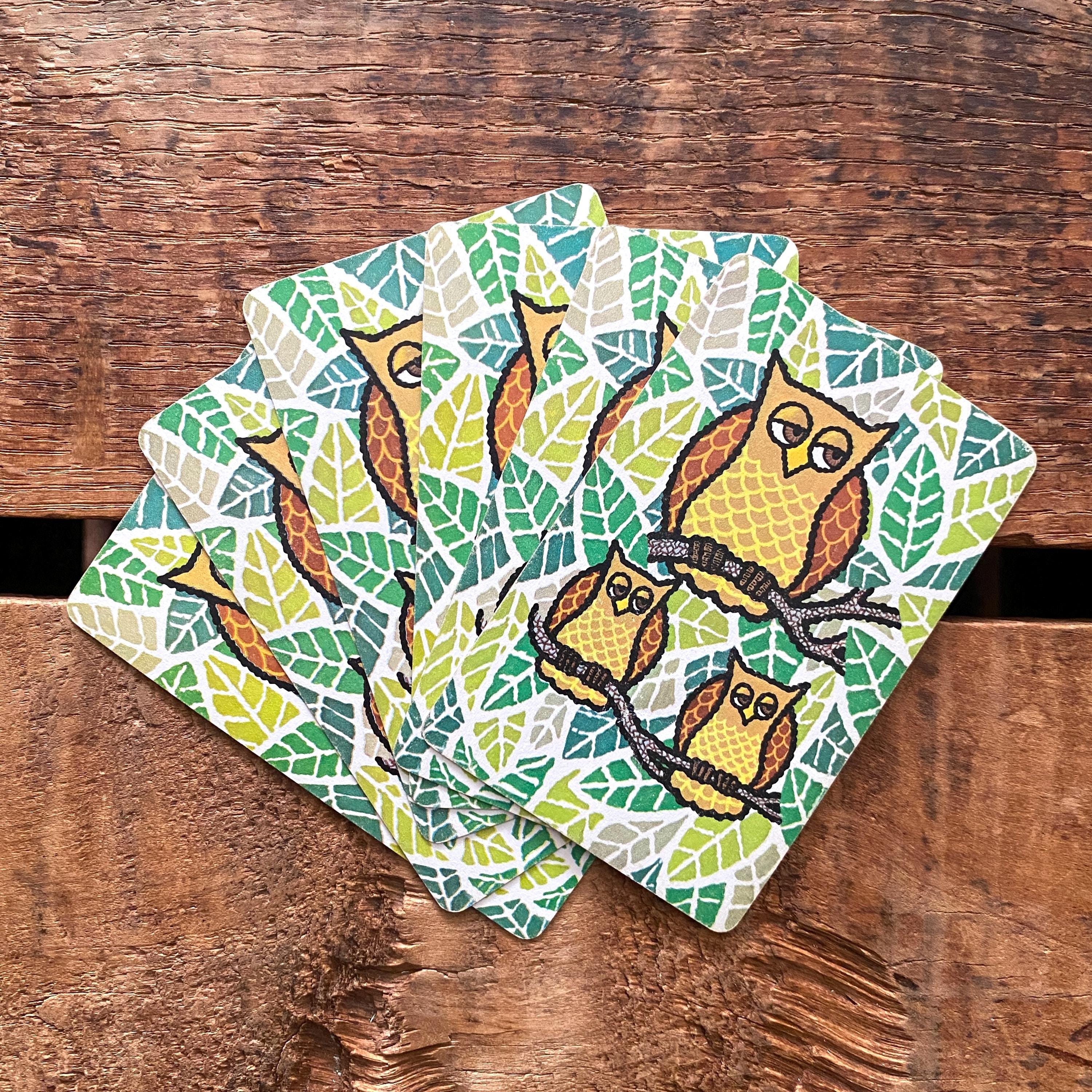 木の枝にとまるフクロウのヴィンテージ漫画トランプ - 6枚セット