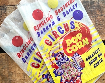 Vintage Unused Circus Popcorn Glassine Paper Bags - Set of 2 - Clown Party, Ringling Brothers Advertising, Barnum & Bailey, Novelty NOS Bags