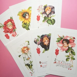Floral Ladies Prints - Set of 6 - Vintage Style, Kitsch, Reproductions, Handmade Print, Home Decor, Vintage Valentine, Valentine Print