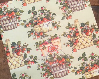 Vintage Strawberries Gift Wrap - 1 Unused Sheet - Old Wrapping Paper Ephemera, Junk Journal, Birthday Party, Fruit Basket, Craft Supply