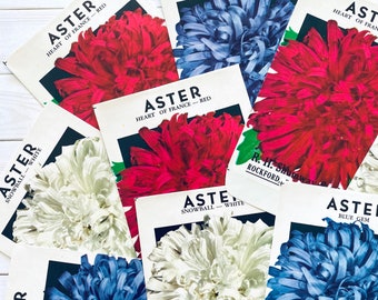 Vintage Flower Seed Packets EMPTY - Set of 3 - Aster Flowers, Vintage Ephemera, Junk Journal Craft Supplies, Flower Ephemera, Red White Blue