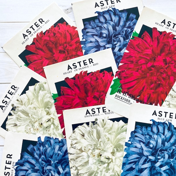 Vintage Flower Seed Packets EMPTY - Set of 3 - Aster Flowers, Vintage Ephemera, Junk Journal Craft Supplies, Flower Ephemera, Red White Blue