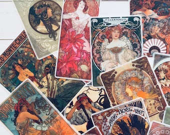 Art Nouveau Stickers - Set of 17 - Alphonse Mucha, Face Stickers, Junk Journal, Paper Ephemera, Art Deco, Craft Supplies, Women Fashion