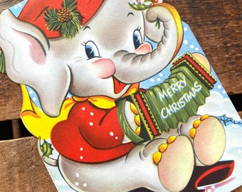 Vintage ongebruikte kerstkaart - Kerstmis, vakantie, leuke kaart voor kinderen, vintage olifant, xmas junk journal, papieren ephemera, schattige kinderen