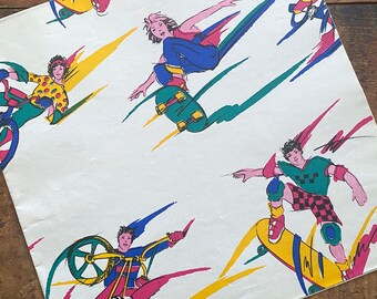 Vintage jaren '80 Sports Gift Wrap - 1 ongebruikt vel - Oud inpakpapier Ephemera, Happy Birthday, Junk Journal, Craft Supply, Skateboarden