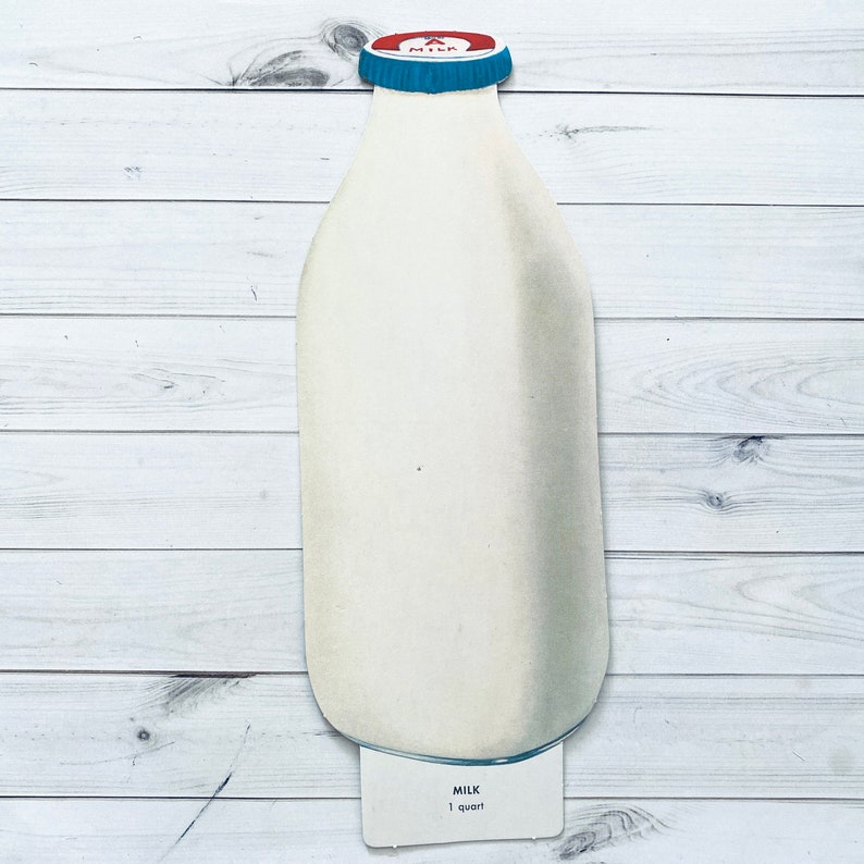 Vintage mjölkstans från 1970-talet - Välj alternativ - Skolkort med kost, kartongbild, näringsstans, dryck, gammalt matpapperstryck Milk (1 Quart)