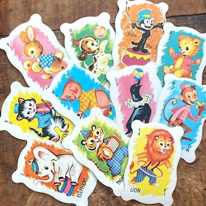 Tarjetas vintage de rummy de animales bebés - Juego de 11 - Papel efímero, diario basura, materiales para manualidades, collage de arte alterado, circo adorable, scrapbooking