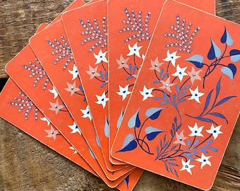 ヴィンテージキッチュな青と白の花が描かれたオレンジ色のトランプ - 6枚セット