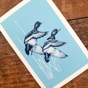 May include: A print featuring two ducks in flight, rendered in shades of black and white against a light blue background. The ducks are depicted with their wings spread, and the artwork includes white, vertical lines suggesting reeds.