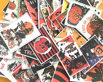 May include: A collection of Halloween-themed stickers featuring various designs, including pumpkins, ghosts, bats, and the phrase "Trick or Treat". The stickers are printed on white paper with black and orange ink.