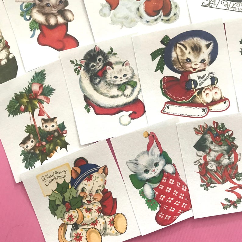 May include: A set of 10 vintage Christmas stickers featuring adorable kittens in various holiday scenes. The stickers feature kittens wearing Santa hats, holding holly, and sitting in stockings. The stickers are perfect for adding a touch of whimsy to your holiday cards, gifts, or scrapbook pages.