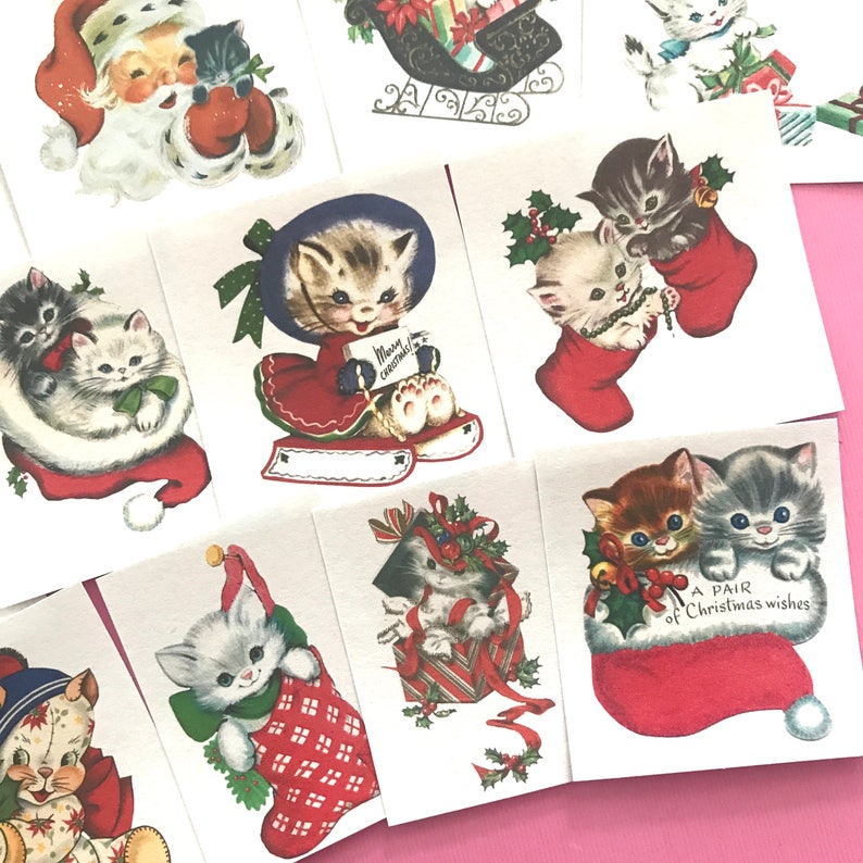 May include: A set of vintage Christmas card stickers featuring kittens in various holiday scenes. The stickers include kittens in Santa hats, kittens in stockings, kittens riding in a sleigh, and kittens holding Christmas presents. The stickers are perfect for adding a touch of whimsy to your holiday cards, gifts, and crafts.
