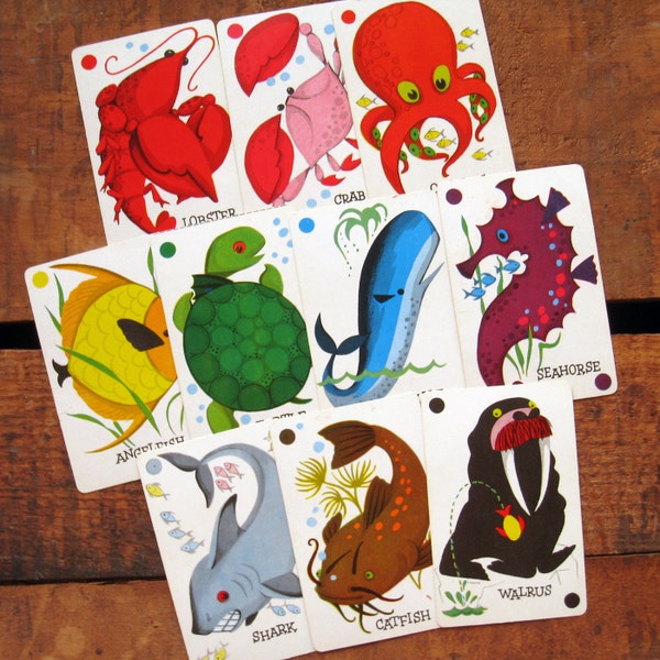 Vintage Catch Marine Animal Cards - Set of 10 - Learning, Colors
