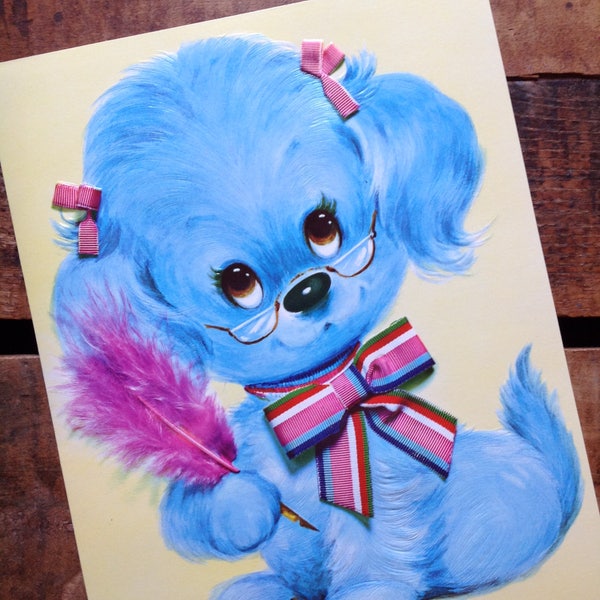 Vintage Pastel Pets Oversized Blue Puppy Greeting Card - Unused - Thinking of You Card