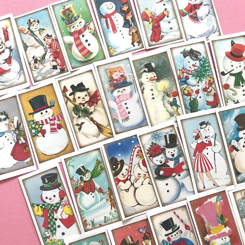 Snowman Stickers Set of 24 Handmade Stickers, Vintage Christmas, Cute Planner Stickers, Cute Christmas, Holiday Stickers, Snowmen image 1