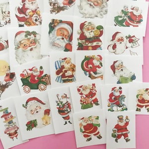 May include: A set of 20 vintage Christmas stickers featuring Santa Claus in various poses and settings. The stickers are printed on white paper with a glossy finish. The stickers are perfect for adding a touch of vintage charm to your holiday crafts and decorations.