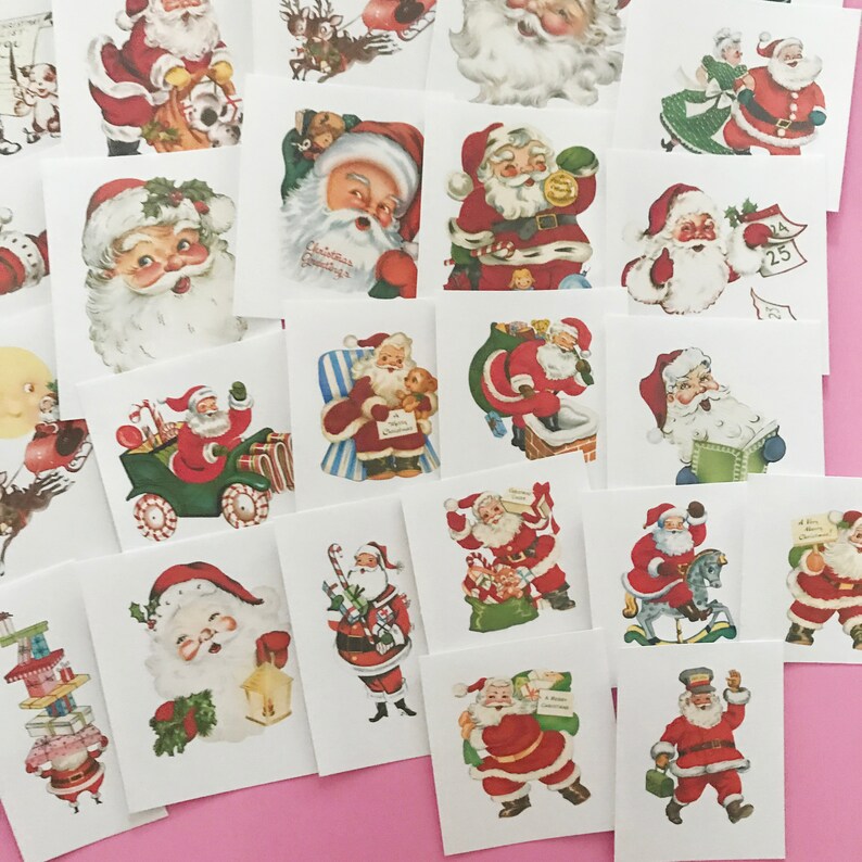 May include: A set of 20 vintage Christmas stickers featuring Santa Claus in various poses and settings. The stickers are printed on white paper with a glossy finish. The stickers are perfect for adding a touch of vintage charm to your holiday crafts and decorations.