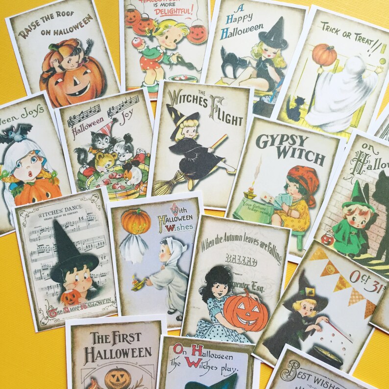 Vintage Halloween Stickers Set of 18 Handmade Stickers, Vintage Style, Vintage Halloween, Cute Witches, Planner Stickers, Cute Halloween image 3