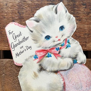 Tarjeta vintage del Día de la Madre (sin usar) - Tarjeta de felicitación vintage de Hallmark, bisabuela, gatito, papel efímero, diario basura, flocado
