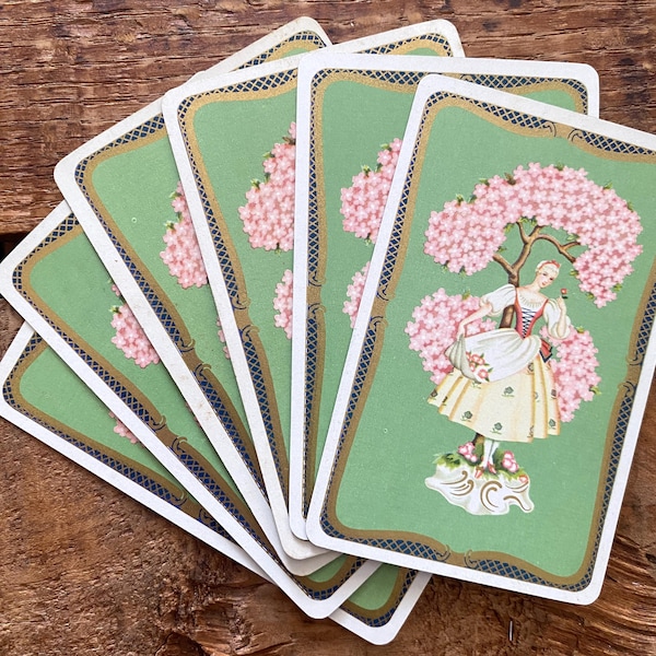 Vintage Victorian Woman and Cherry Blossom Tree Playing Cards - Set of 6