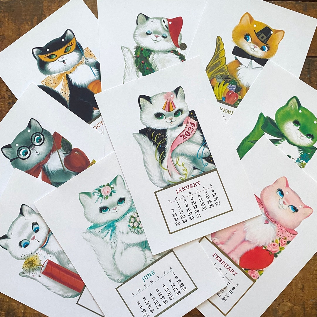 2024 Kitten Calendar Vintage Style, Kitsch, Mini Calendar, Handmade