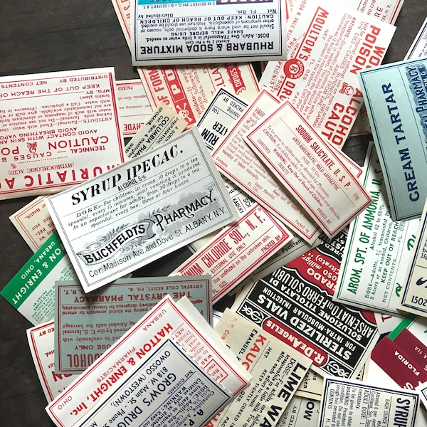 Vintage Pharmacy Labels - Set of 15 - Drug Store Labels, Vintage Halloween Ephemera, Apothecary, RX, Medicine Labels, Vintage Poison Labels