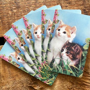 jeu de cartes chatons vintage - lot de 6 - jeux de cartes pour enfants, scrapbooking, papier éphémère, journal indésirable, fournitures créatives, oeuvre d'art modifiée, chats