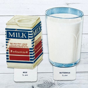 Vintage mjölkstans från 1970-talet - Välj alternativ - Skolkort med kost, kartongbild, näringsstans, dryck, gammalt matpapperstryck bild 4