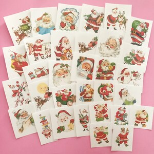 May include: A set of 25 vintage Christmas stickers featuring Santa Claus in various poses and scenes. The stickers are printed on white paper and have a glossy finish.
