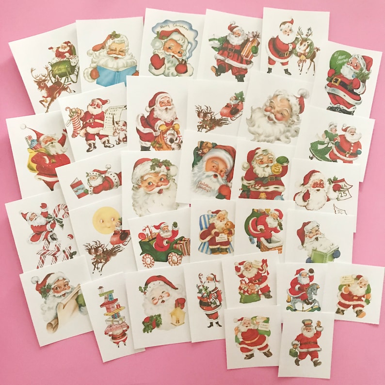 May include: A set of 25 vintage Christmas stickers featuring Santa Claus in various poses and scenes. The stickers are printed on white paper and have a glossy finish.