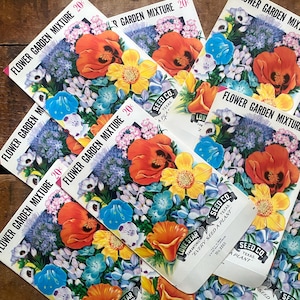 Vintage Blumensamenpaket LEER - Blumengartenmischung - 4er-Set - Papier Ephemera, Junk-Journal, Bastelmaterial, leere Samenpakete
