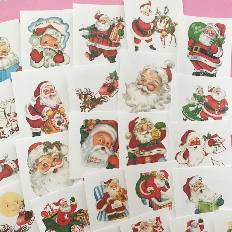 May include: A collection of vintage Christmas stickers featuring Santa Claus in various poses. The stickers are printed on white paper and have a red, white, and green color scheme. Some stickers feature Santa Claus with a bag of gifts, while others show him with a reindeer or a Christmas tree. The stickers are perfect for adding a festive touch to your holiday crafts.