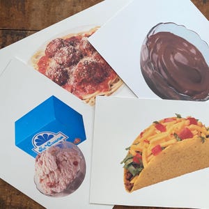 Tarjeta de comida vintage de los años 80 (seleccionar opción) - Nutrición escolar, material de papelería, diario basura, material para manualidades, postres, aperitivos y platos principales