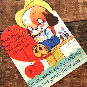 Vintage Puppy Valentine - Unused Valentine, NOS Valentine, Dog Ephemera, Vintage Puppy Card, Valentine Ephemera, Vintage Fishing Valentine