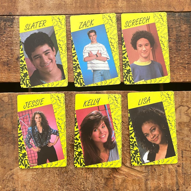 May include: Six vintage trading cards featuring characters from a 1990s television show. Each card has a yellow border with a zig-zag design and a character's name at the top. The cards feature images of Slater, Zack, Screech, Jessie, Kelly, and Lisa.