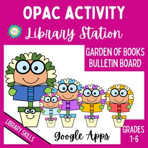 May include: A bulletin board display for a library or classroom, featuring a garden of books theme. The display features five colorful flower characters holding books, with the text "Garden of Books Bulletin Board" at the top and "Library Skills" and "Grades 1-6" at the bottom.