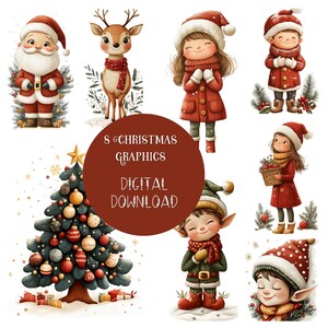 8 Christmas Graphics, Santa, Elf, Reindeer, Tree, xmas girl, Digital Download Christmas Clipart plus 4 bonus files!