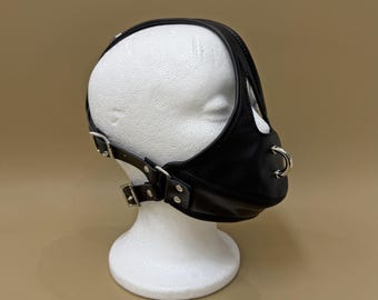 Zwart BDSM-masker van veganistisch leer: speelgoed met verstelbare beperking