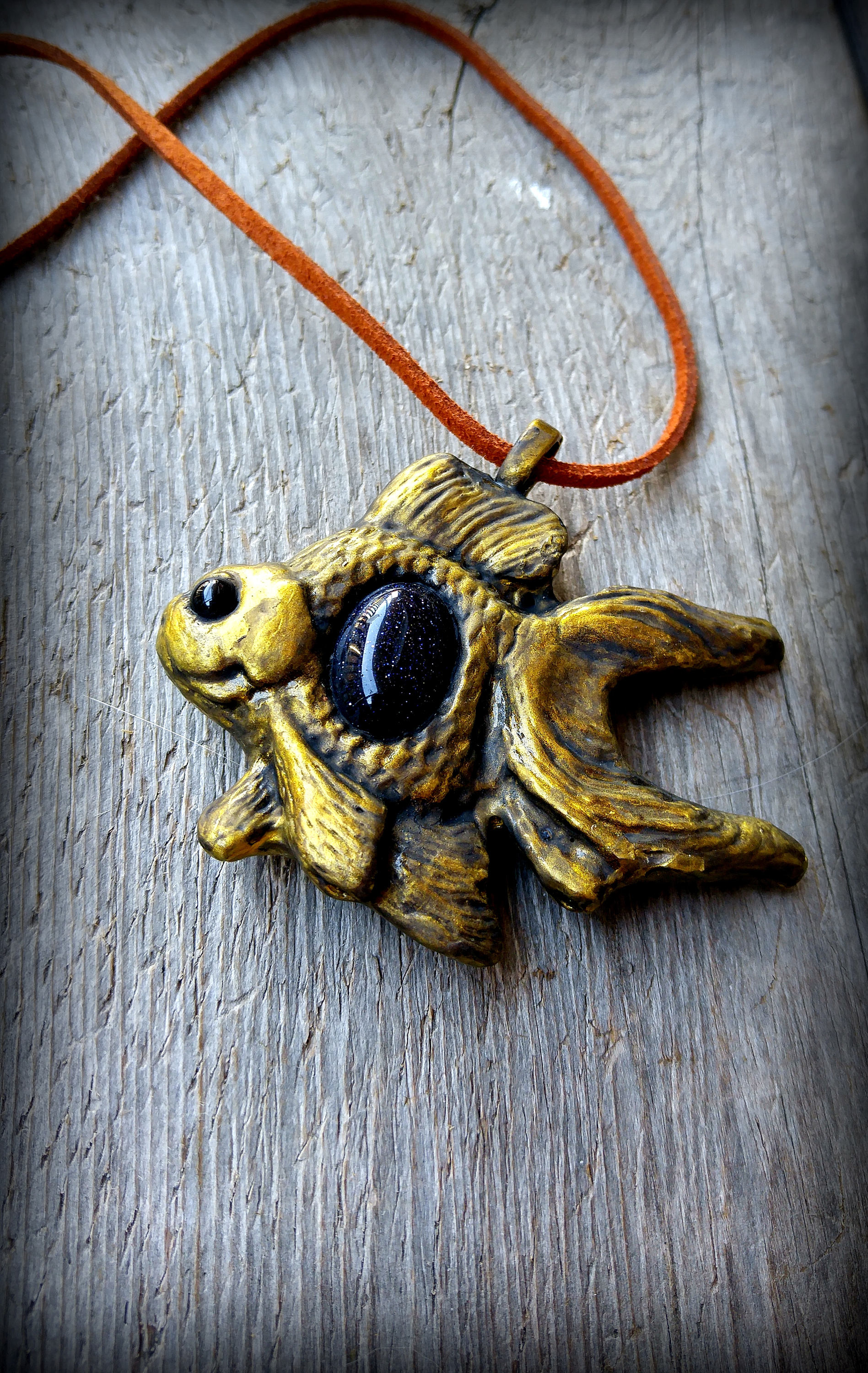 Goldfish Steampunk Necklace in Midnight Blue Goldstone and Etsy