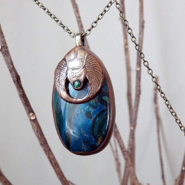 Ancient Metaphysical Egyptian Talisman Scarab Kambaba Jasper and Opal Necklace Pendant Handmade Polymer Clay Jewelry