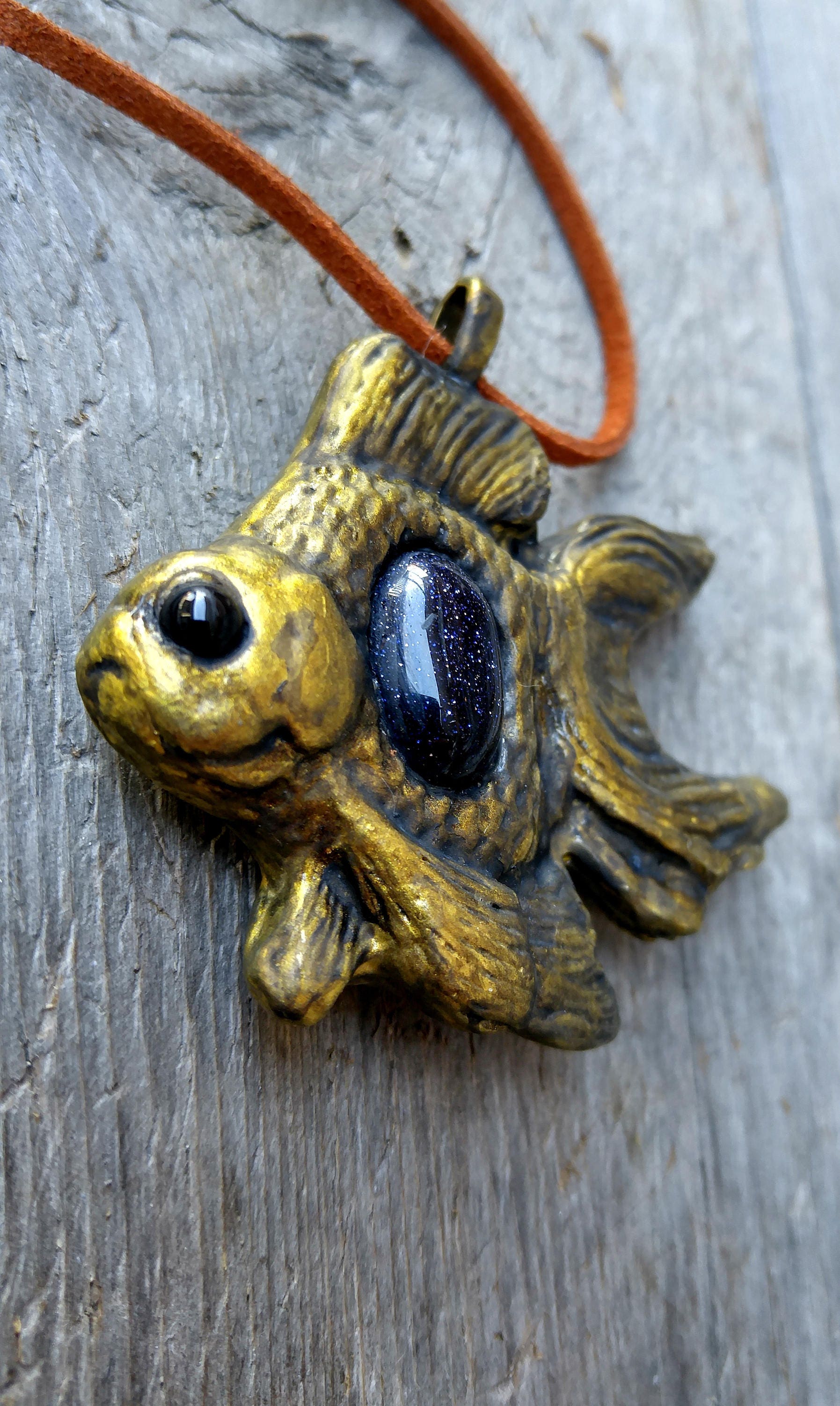 Goldfish Steampunk Necklace in Midnight Blue Goldstone and Etsy