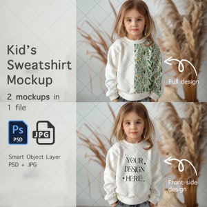 Kids Sweatshirt Mockup, Boho Stock Photo, Kids Clothing, Photoshop Mockup Girl, Girl&#39;s Clothing MOCKUP, Digital Download, Smart Object, PSD