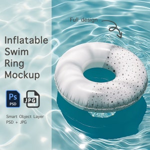May include: White inflatable swim ring with a black and white star pattern floating in a blue swimming pool. Full design.