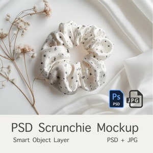 May include: White satin scrunchie with a black star pattern on a white fabric background.  PSD Scrunchie Mockup. Smart Object Layer. PSD + JPG.
