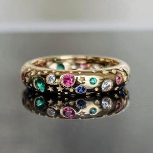 14K Solid White Gold Multi Color Diamond Band, Round Cut Diamond Engagement Band, Full Eternity Band, Flush Setting Stackable Wedding Band