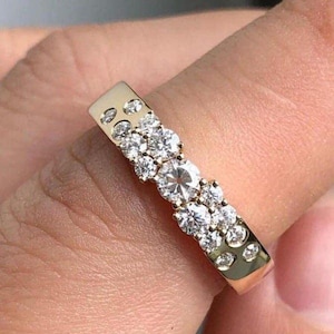 Flush Setting Cluster Band, Round Cut Colorless Moissanite Engagement Ring, Half Eternity Ring, Scattered Wedding Ring, 14K Yellow Gold Band
