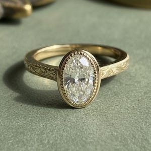 Vintage Art Wedding Band, Oval Lab Grown Diamond Ring, Antique Milgrain Bezel Set Engagement Ring, 14K Yellow Gold Anniversary Ring For Her